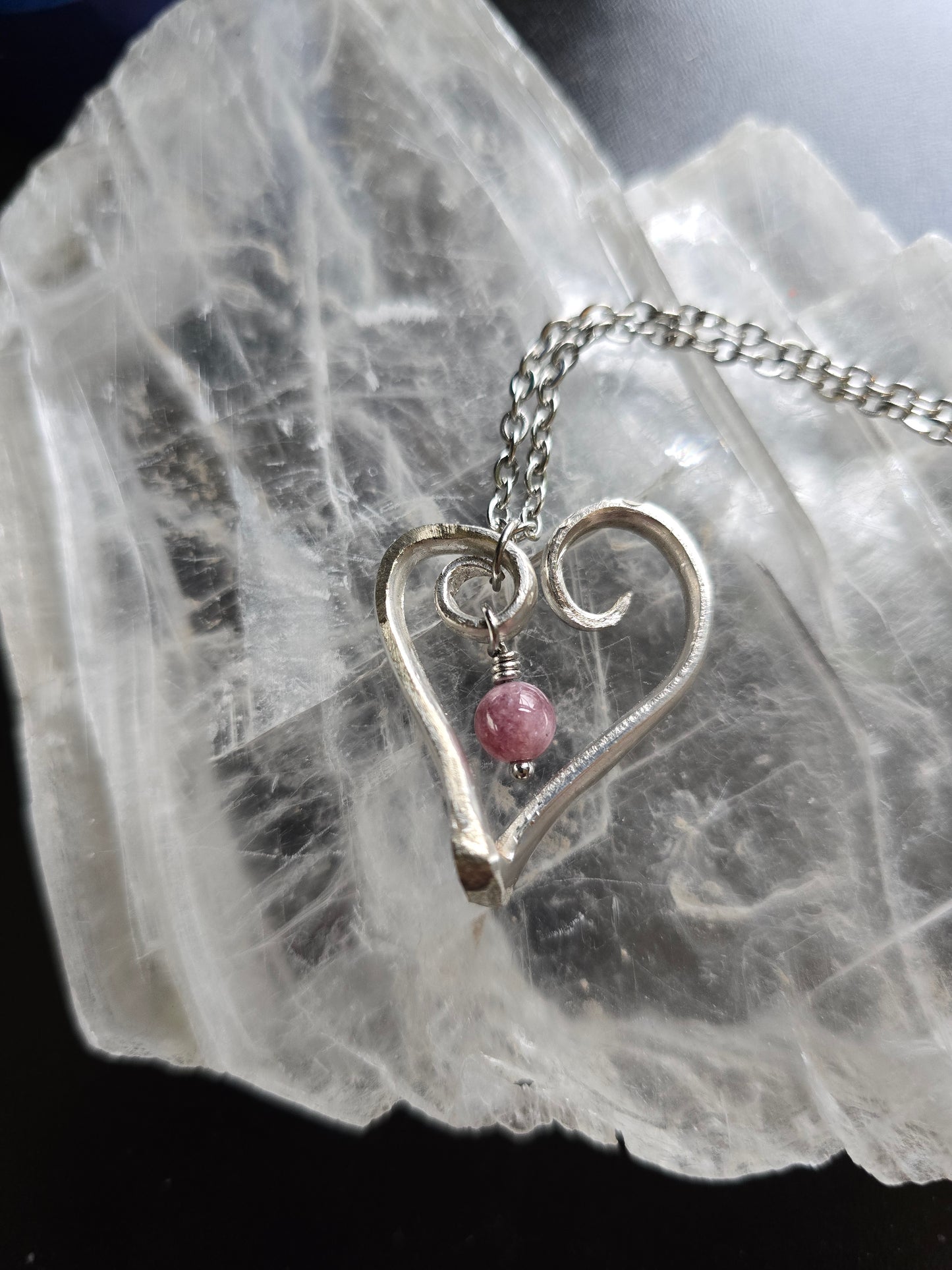 Vintage Hademade Heart Necklace with Pink Tourmaline Bead