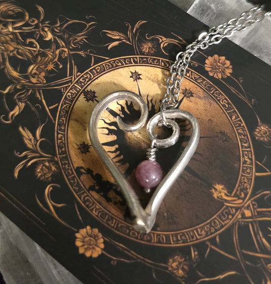 Vintage Hademade Heart Necklace with Pink Tourmaline Bead